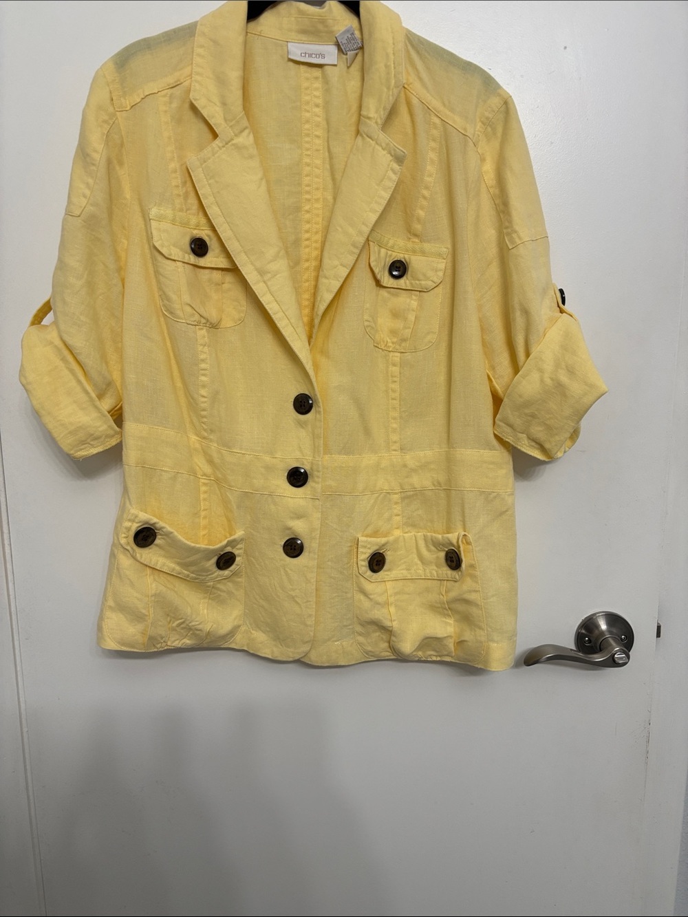 Chico's Sunny Yellow Utility Blazer with Dark Buttons